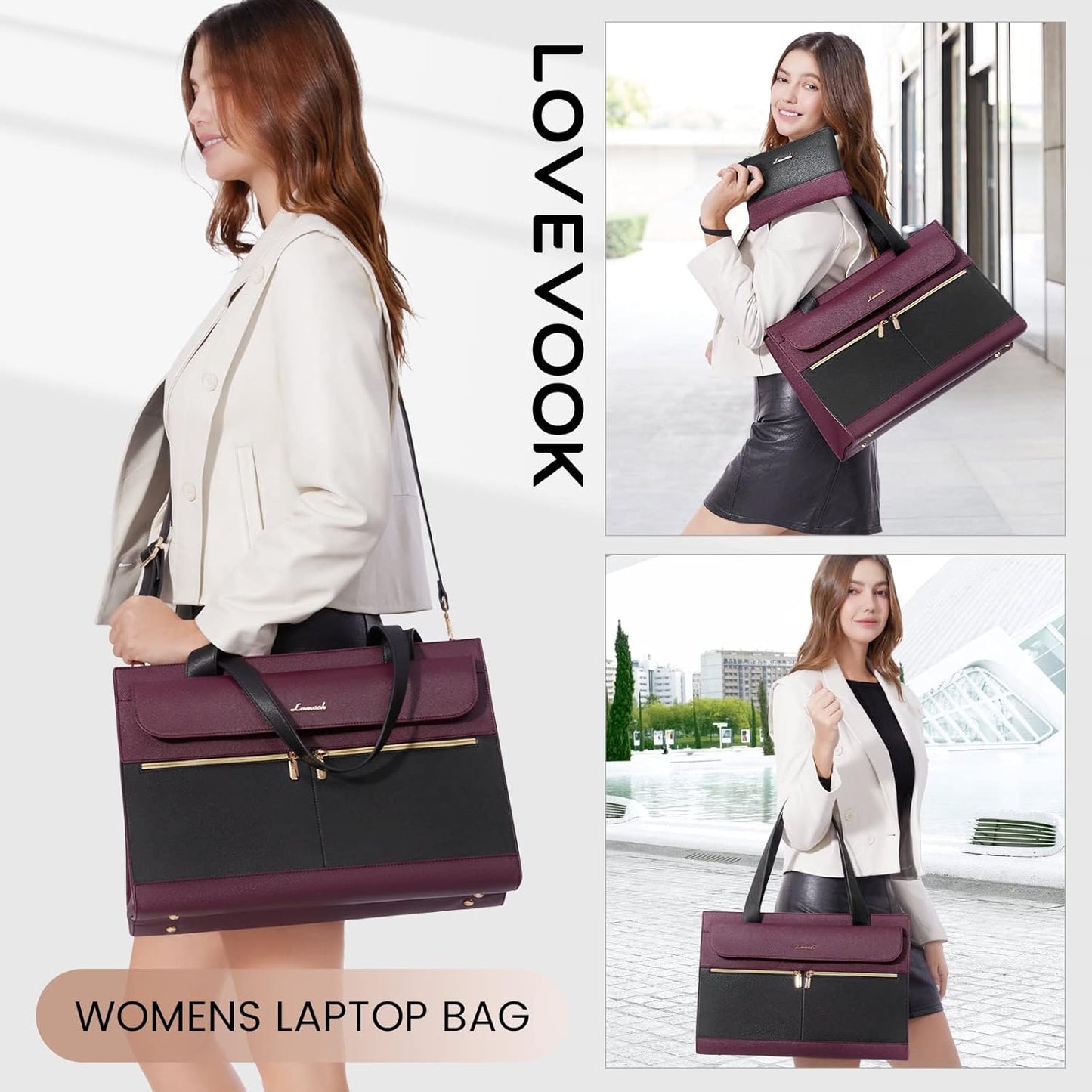 LOVEVOOK 15.6 Inch Laptop Bag for Women Tote Work Professional Leather Computer Briefcase Waterproof Handbag Shoulder
