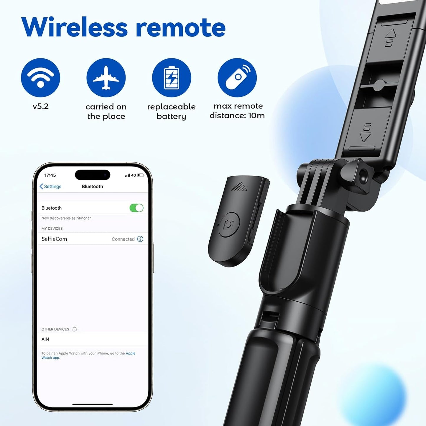 Aourxiv 4-7'' Selfie Stick Tripod with Light, Retractable Selfie Stick Tripod with Wireless Remote Control