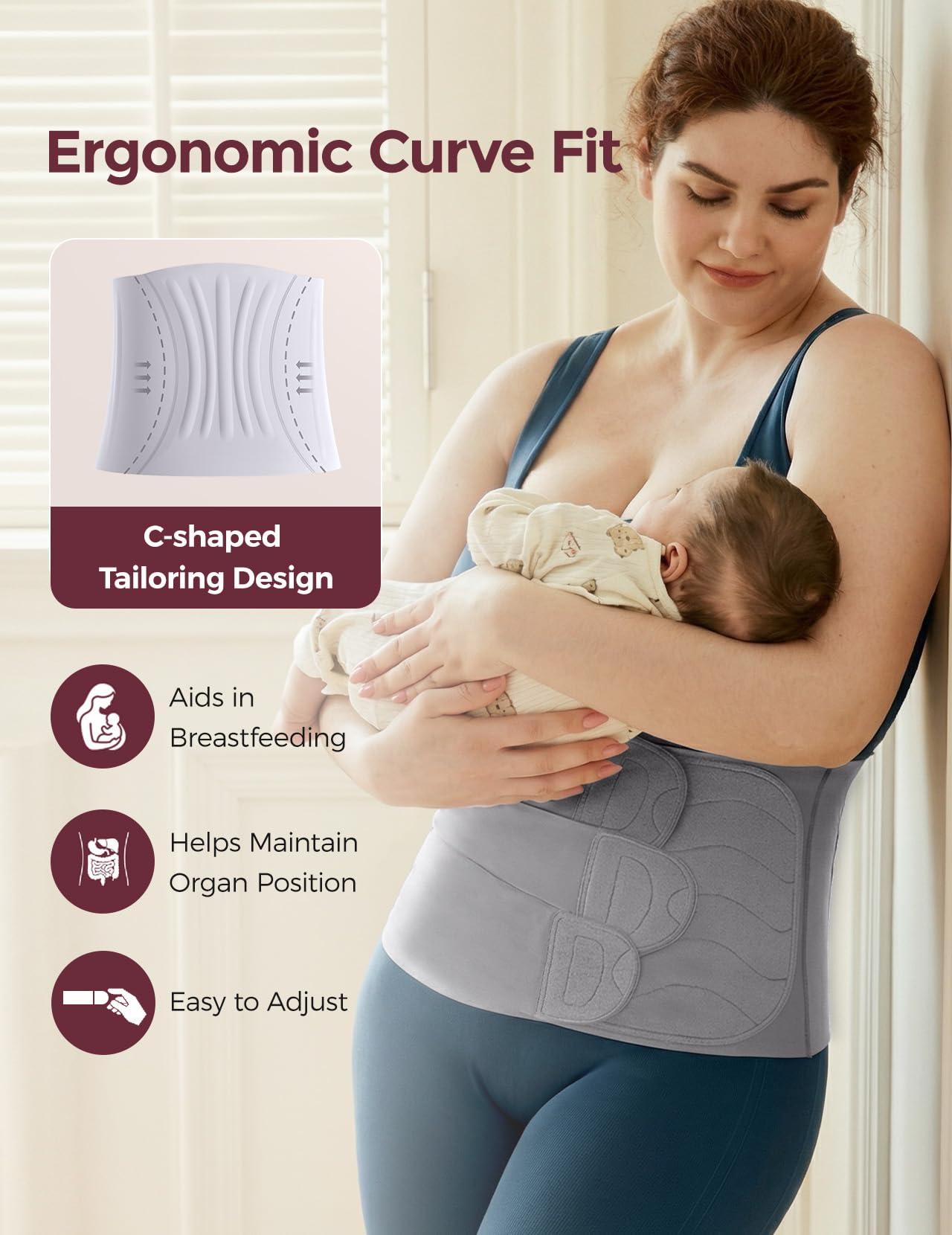 Momcozy Ergowrap Postpartum Belly Band for C-Section Recovery and Vaginal Birth, Abdominal Binder with 3D Lifting & Ergonomic Back Support, Seamless Belly Wrap Shapewear for Post Surgery Recovery