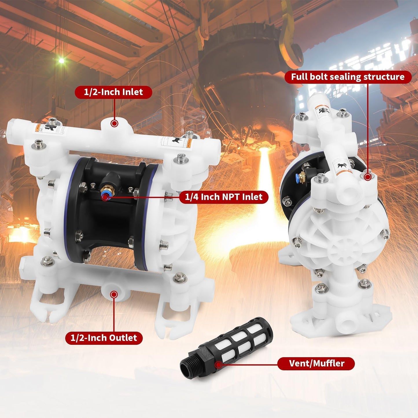 Nakkaa Pneumatic Double Diaphragm Pump PTFE 8.8GPM Transfer Pump 1/2" In/Out Max 120PSI, Used to Transport Various Low Viscosity Liquids Such as Hydraulic Fluid, diesel, coating,etc