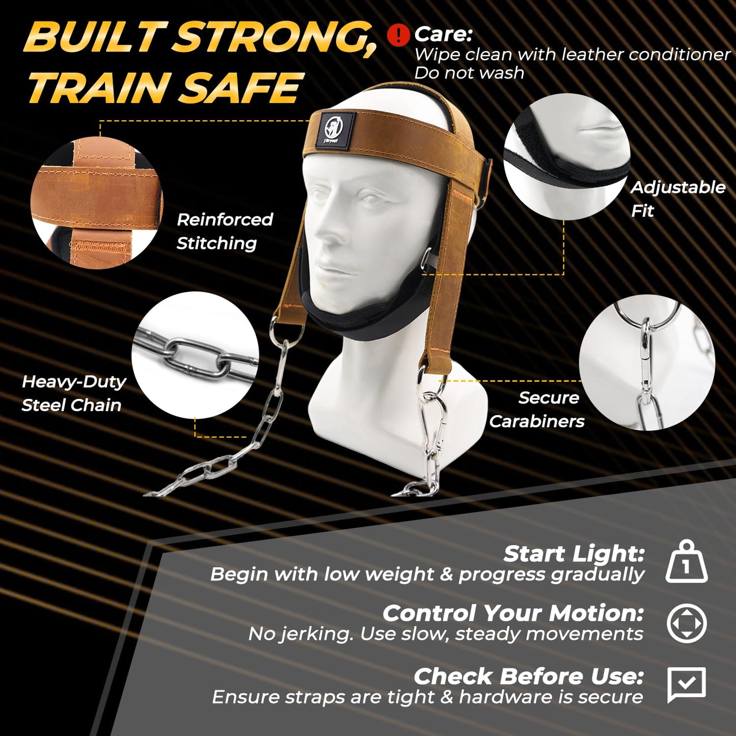 Leather Neck Harness for Weight Lifting – Adjustable Head Strap with Heavy-Duty Steel Chain & Microfiber Padding – Neck Exerciser for Bodybuilding, Boxers & Gym Workout (Brown)