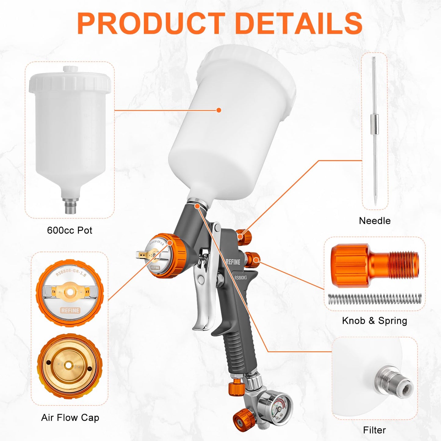 REFINE Air Spray Gun, Auto Paint Gun with 1.4/1.8/2.0mm Nozzle, Professional Automotive Spray Gun, Air Compressor Auto Body Paint Sprayer for Cars, House, Furniture Painting with Air Pressure Gauge