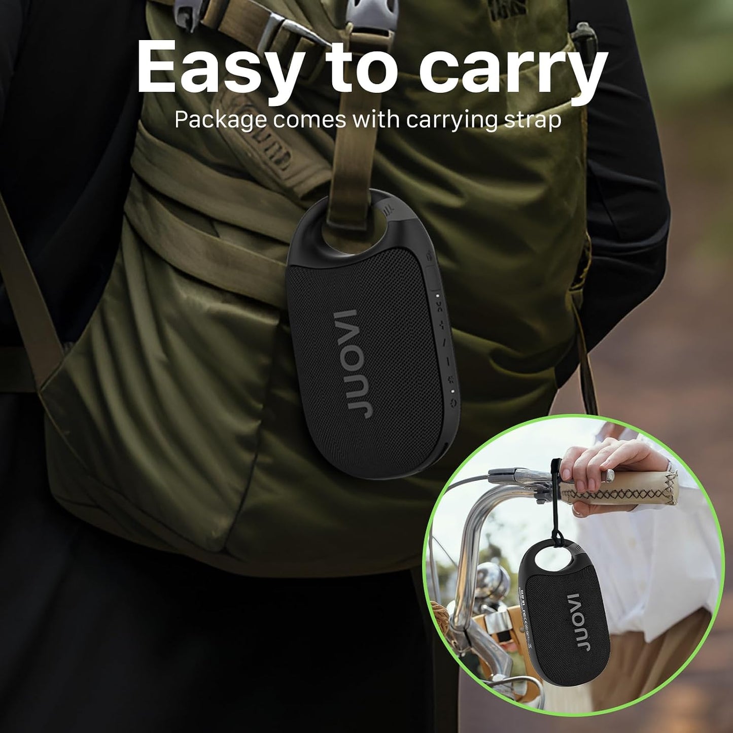 JUOVI 24H IP68 Clip Wireless Portable Bluetooth Speaker, Playtime Mini Shower Speaker Waterproof & Dustproof HD Sound