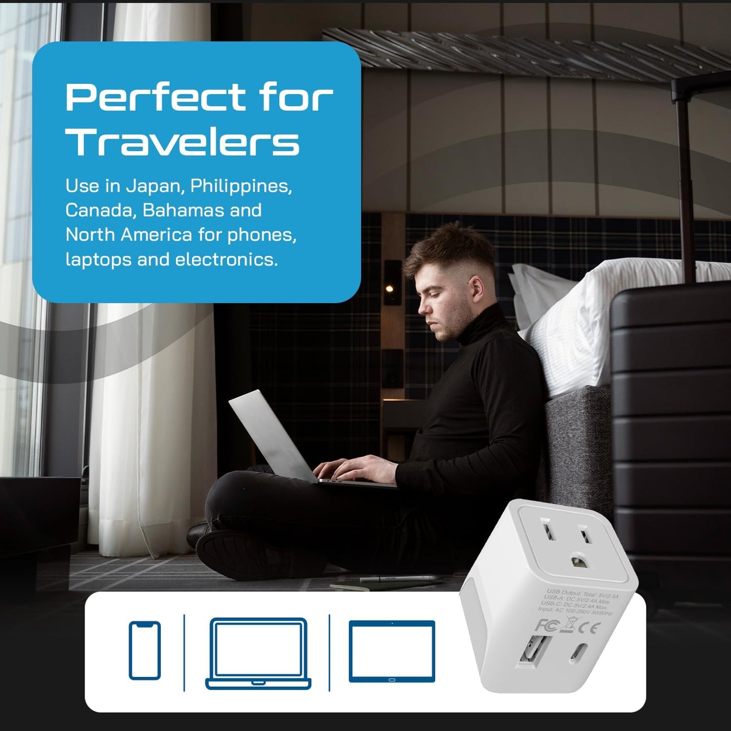 Ceptics (CTU-6) Japan, Philippines Travel Adapter Plug with USB-A + USB-C - Usa Input - Type A - Ultra Compact