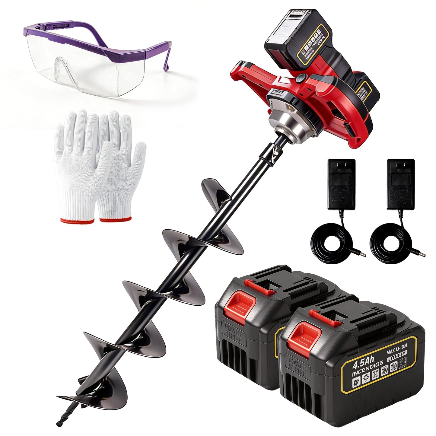 Cordless Post Hole Digger with 2x4.5Ah Batteries & Dual Chargers, 1200W 42V Brushless Earth Auger for Fence Post with 6" Drill Bit, 85Nm High Torque Electric Hole Digger for Hard Soil