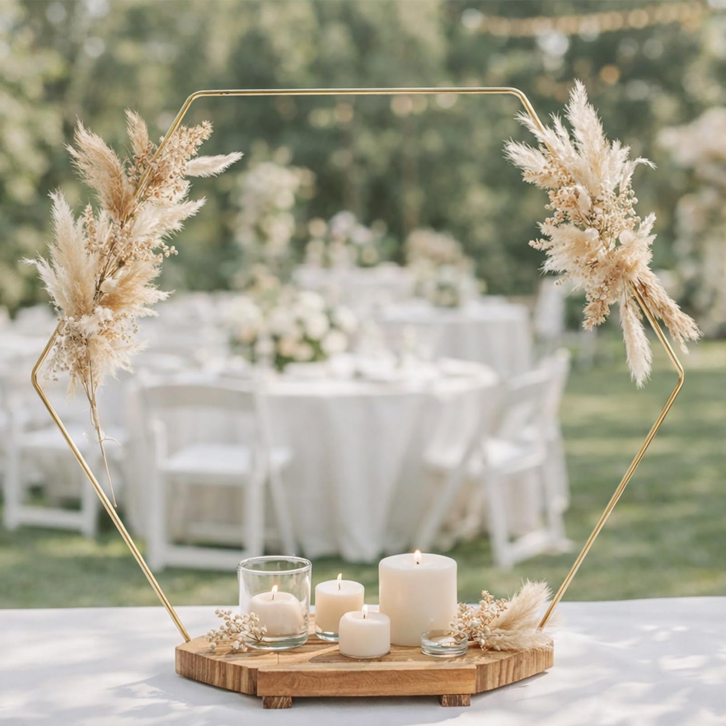 MJRASG 4 Pack Hexagonal Floral Hoops with Stand 14 Inch Wedding Cake Stand Metal Rings for DIY Centerpiece Table Decorations Crafts Wreath Wedding Birthday Wreath Candle Rings, Gold