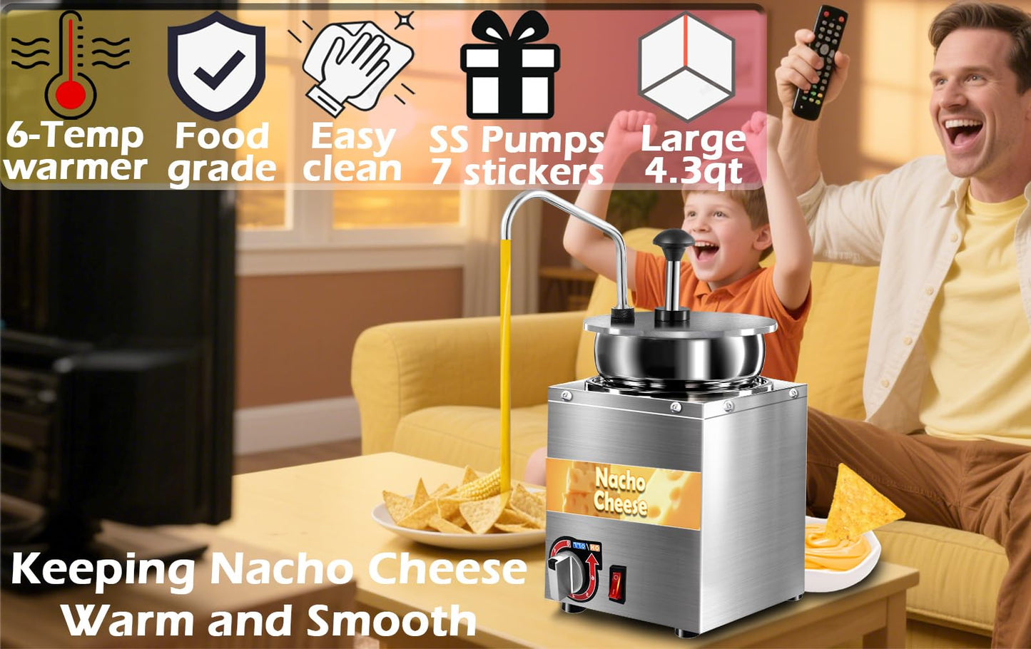 Nacho Cheese Dispenser with Stainless Steel Pump, 4.3 QT Sauce Warmer 86-194℉, 6 Temperature Levels Adjustable Heater,Commercial Hot Fudge Chocolate, Chili, Caramel, Peanut Butter Electric Food Warmer