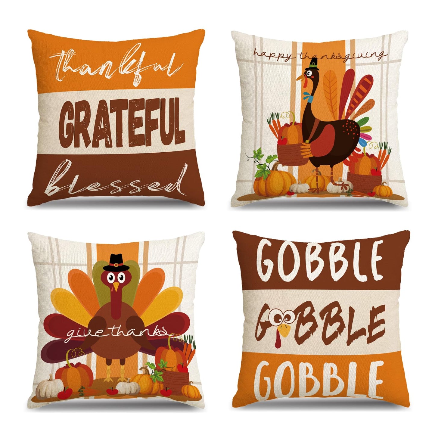 MEHOFOND Thanksgiving Pillow Covers 18x18 Set of 4, Fall Throw Pillow Covers Turkey Pumpkin Orange Farmhouse Home Decor Pillowcase Give Thanks Cushion Case for Sofa Couch