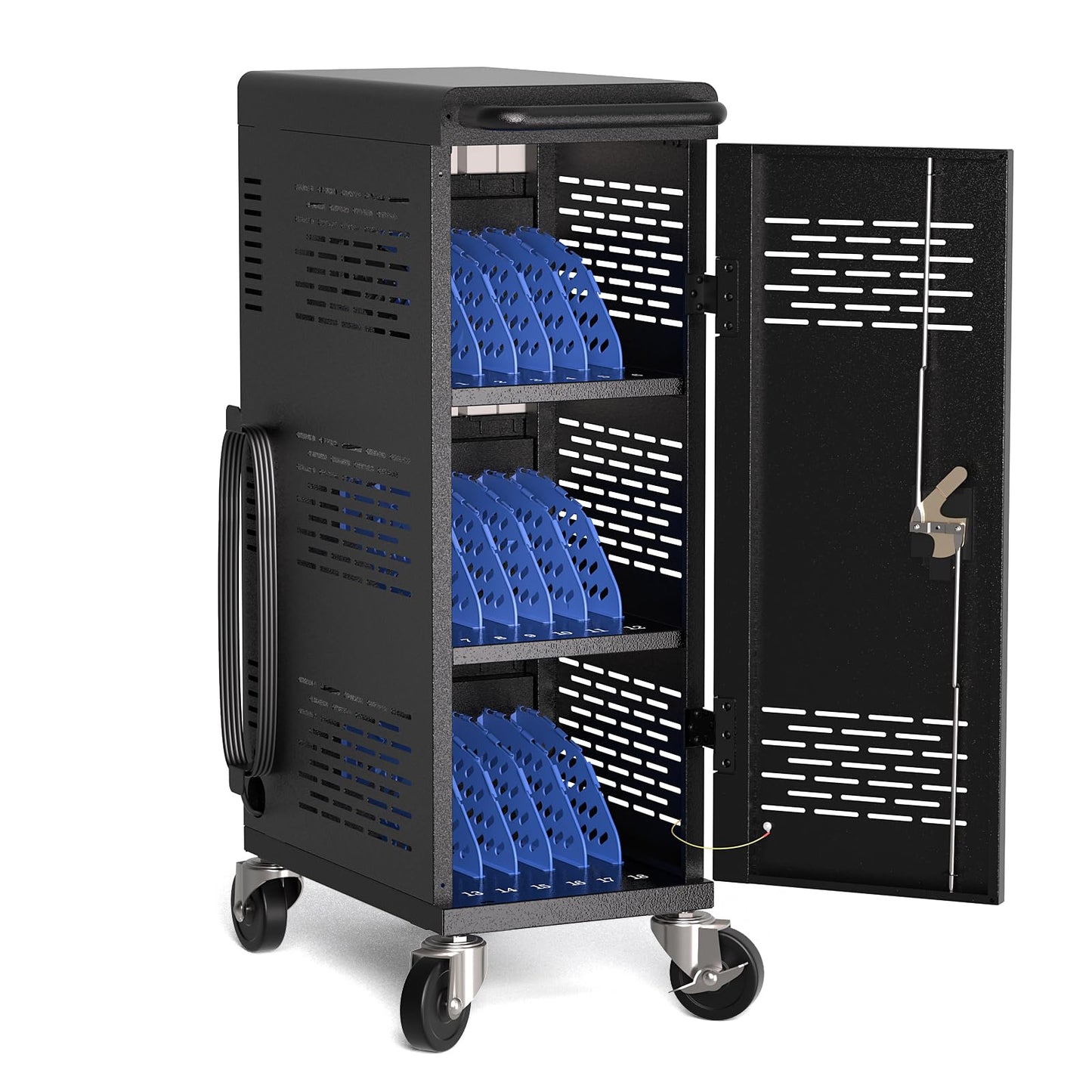 Fully Assembled 18-Device Charging Cart for Chromebook - Locking Laptop Cabinet with Cable Management, Cord Organization, Power Strip - Locks and Stores Tablets up to 14'' and 1.4'' Thick (Black)