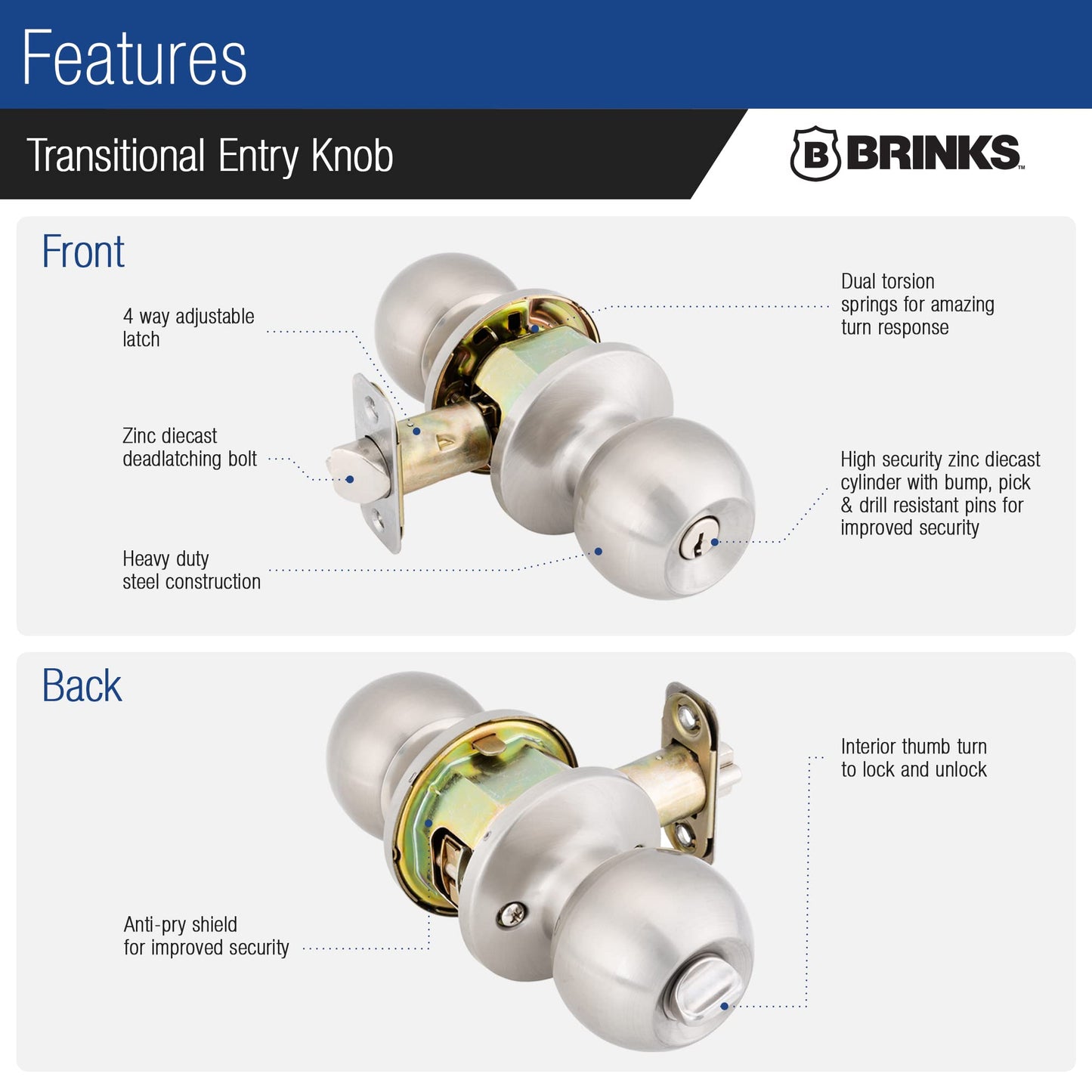 BRINKS Transitional Keyed Entry Door Knob - Satin Nickel Exterior Door Lock Set, Seamlessly Blends with Interior Décor, 1 Pack