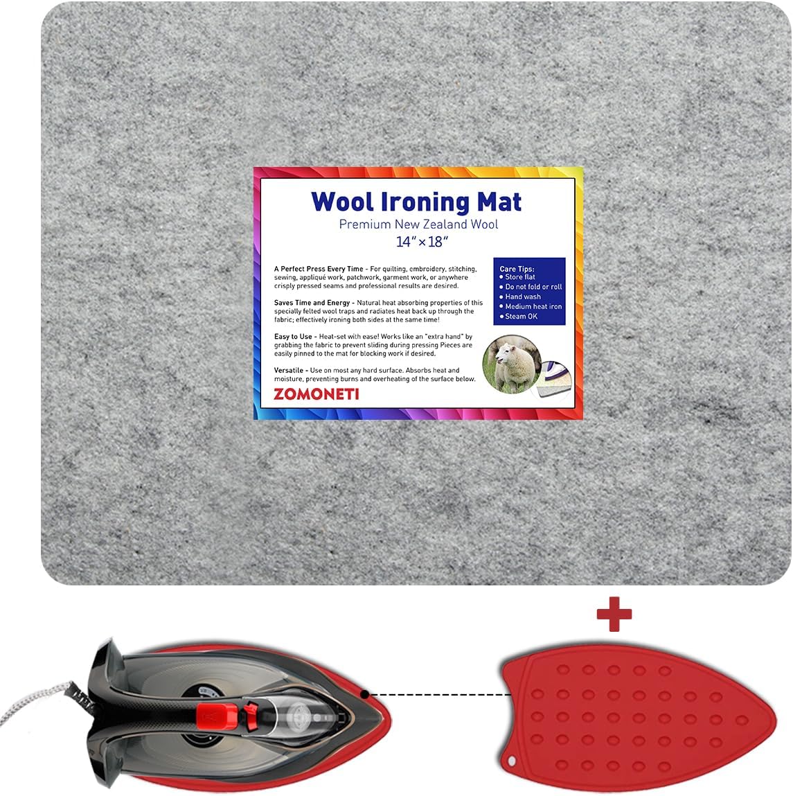ZOMONETI Wool Pressing Mat - 100% New Zealand Felted Wool Ironing Pad | 18" x 14" for Quilting & Sewing