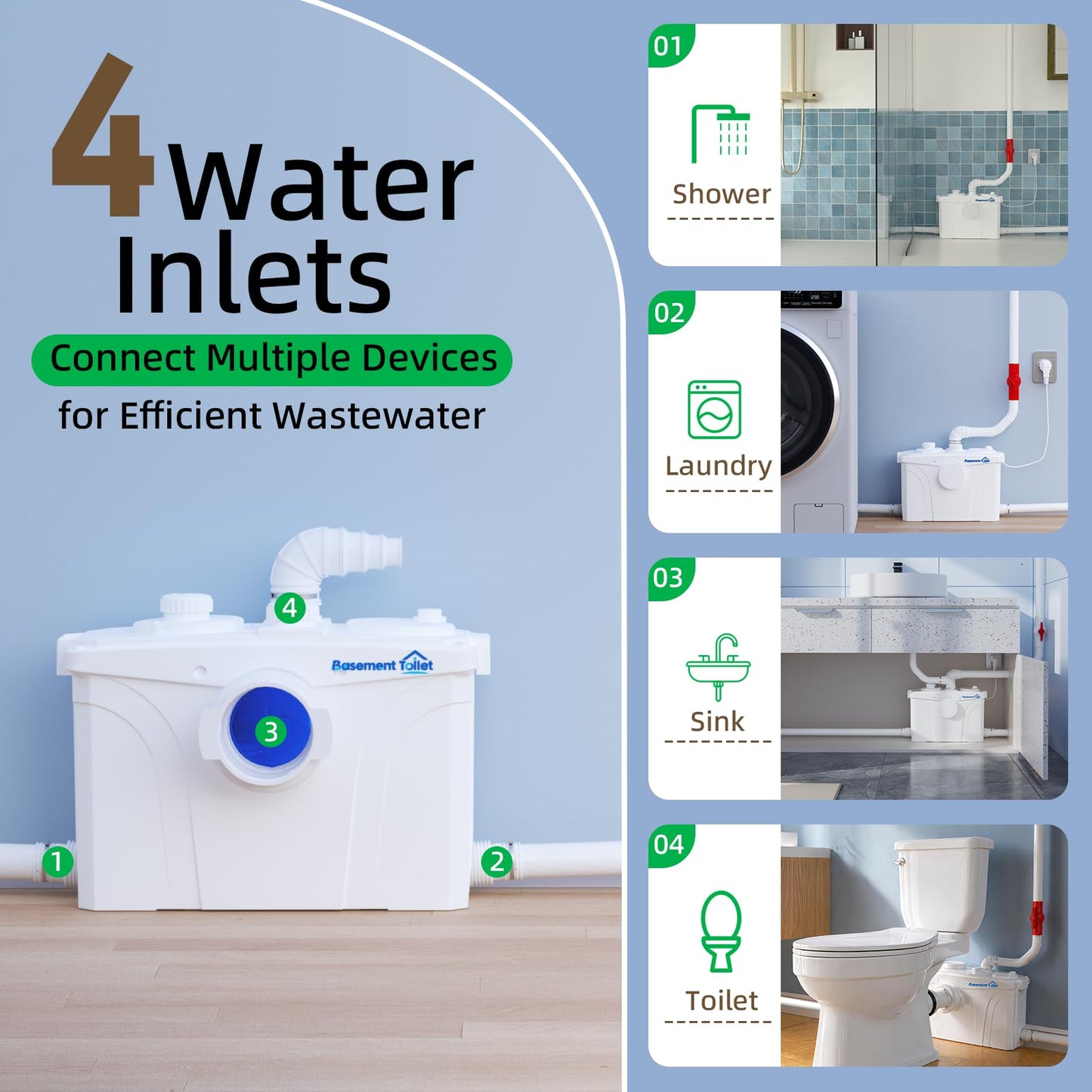 Macerating Toilet Upflush System for Basement Bathroom, Complete Macerating Toilet Kit with 4 Inlets, Toilet Bowl, Water Tank, Soft Close Seat & Extension Pipe, for Sink Shower Kitchen