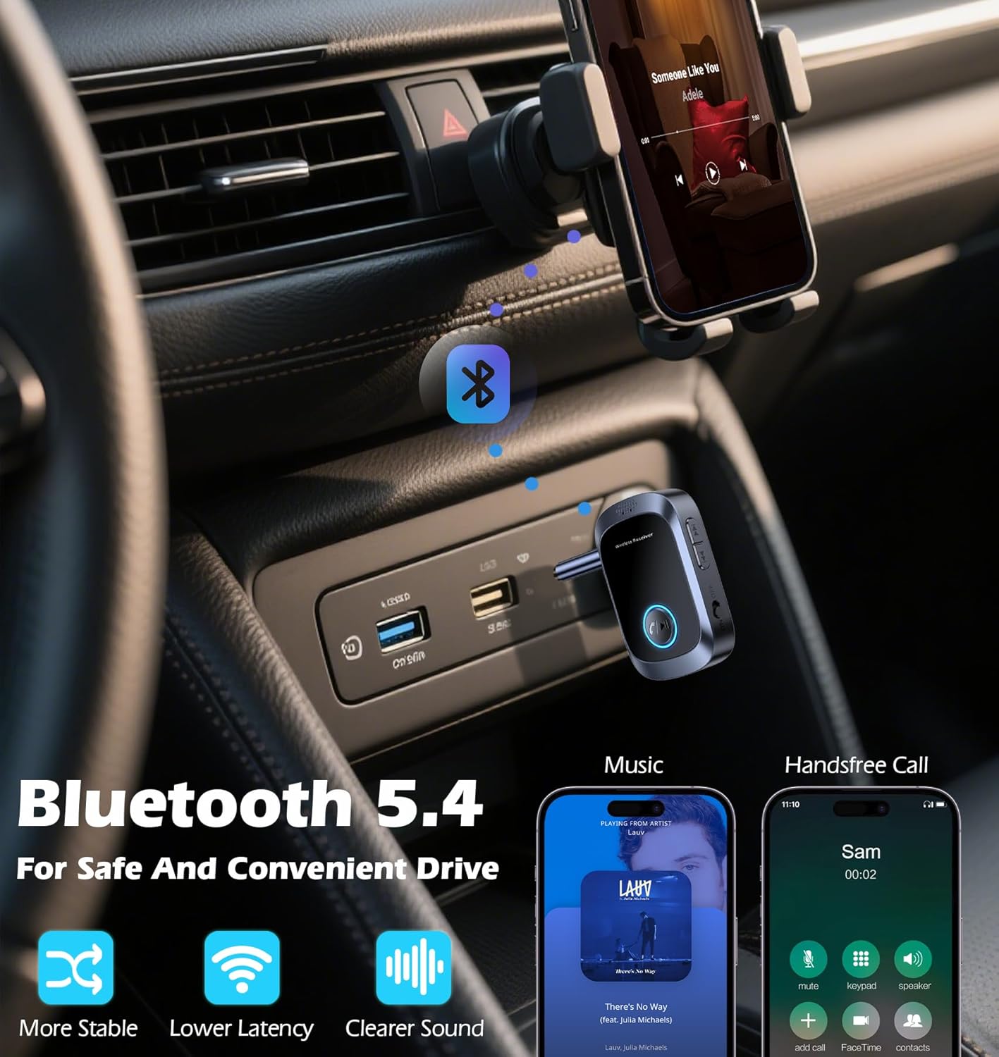 KAIY 11H Bluetooth AUX Adapter for Car, Auxiliary Bluetooth Adapter for Car Music & Handsfree Call, Battery Life