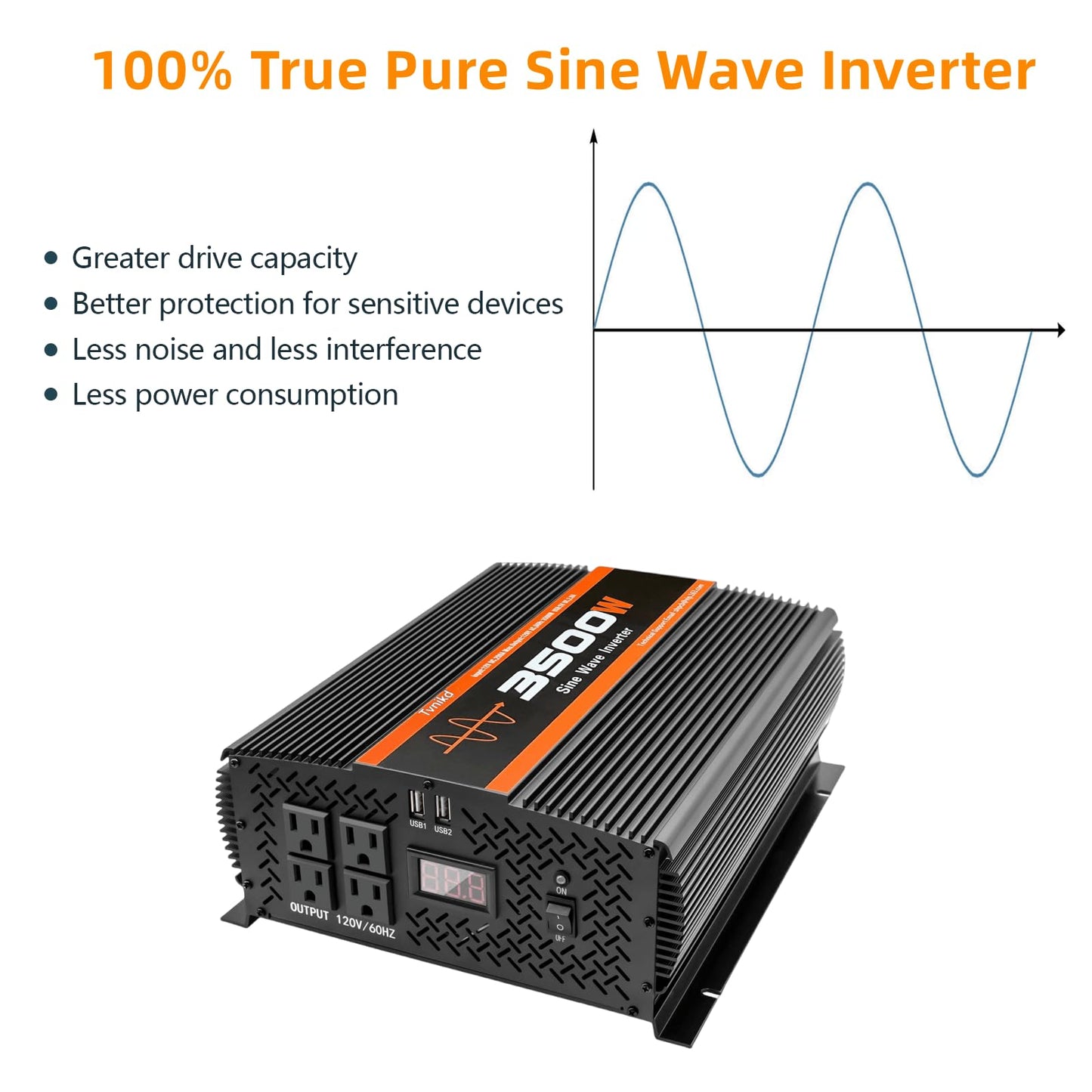 TVNIKD 3500W Pure Sine Wave Inverter 12V to 120V with 4 Power Outlets for RV Solar Power