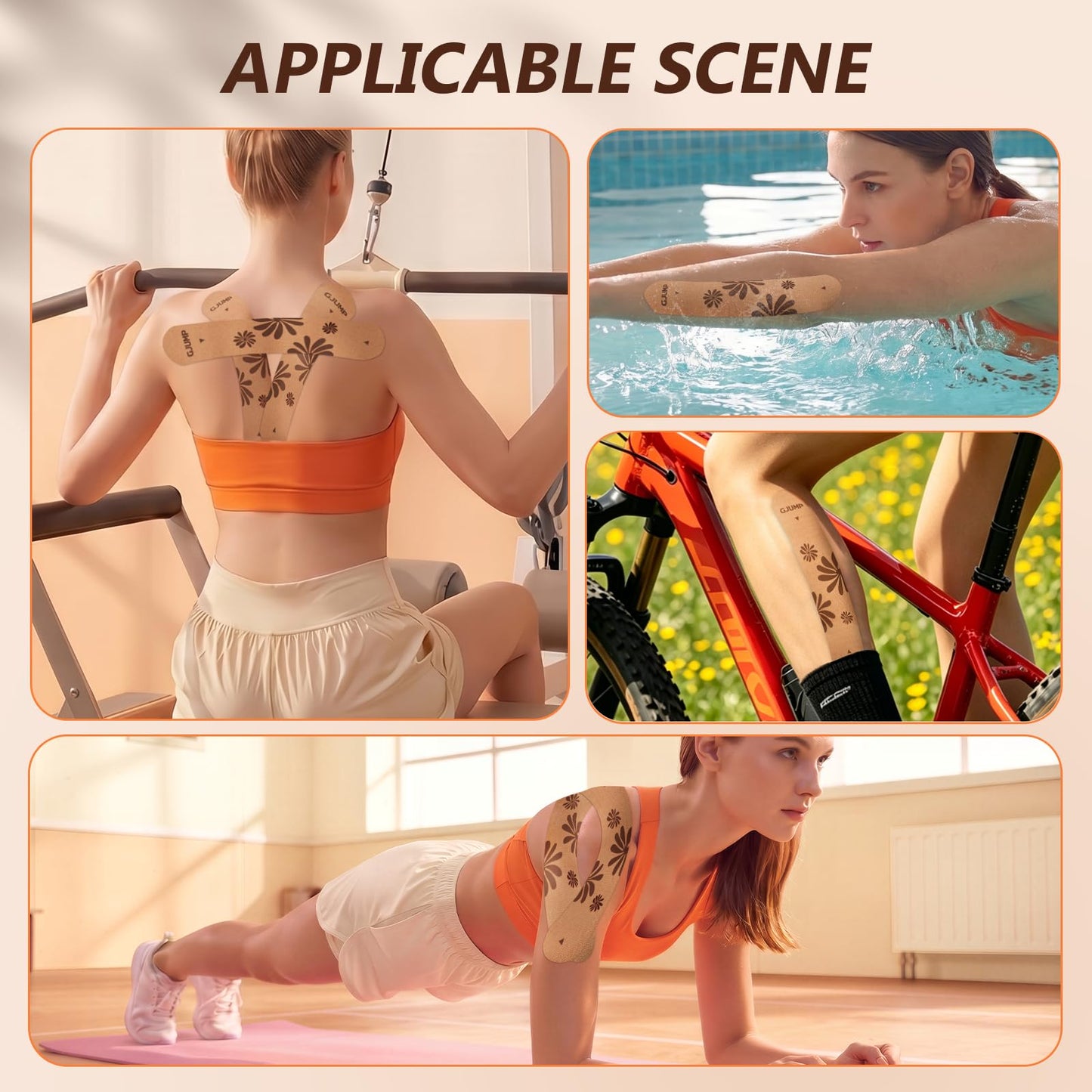 GJUMP Floral Sports Kinesiology Tape – 40 Precut Strips, Athletic Tape for Running, Dance, Yoga & Daily Support, Waterproof Cotton Tape for Muscle Relief & Joint Support (Beige Floral)