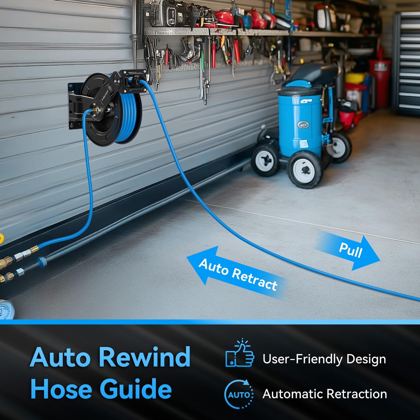 Relhost Retractable Air Hose Reel, 50 ft x 3/8 in Hybrid Air Hose Max 300PSI, Heavy Duty Air Compressor Hose Reel with Auto Rewind, Ceiling/Wall Mount for Garage, Workshop, Home Studio