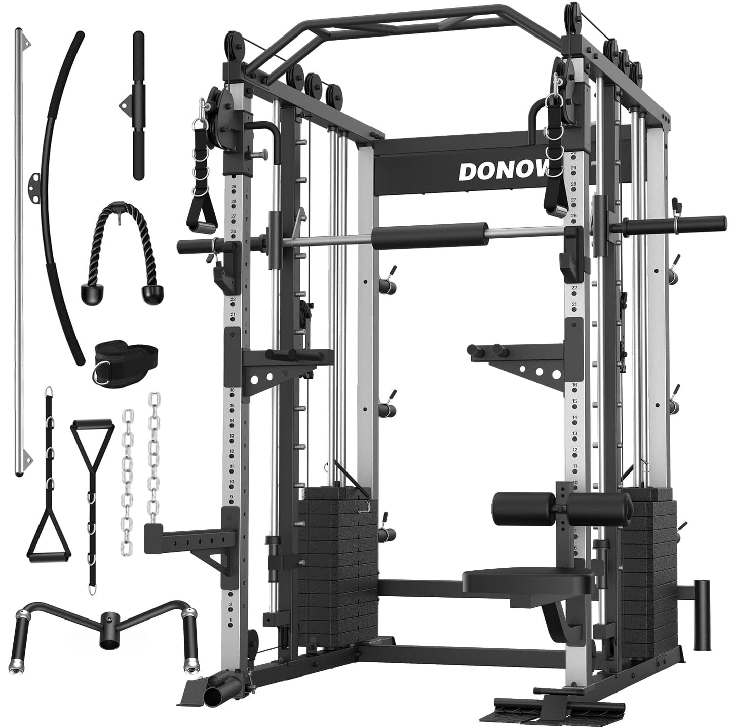 DONOW Smith Machine with Weight Stacks, Heavy Duty Home Gym System Power Cage Cable Crossover Machine Multi-Functional Trainer Ratio 1:1