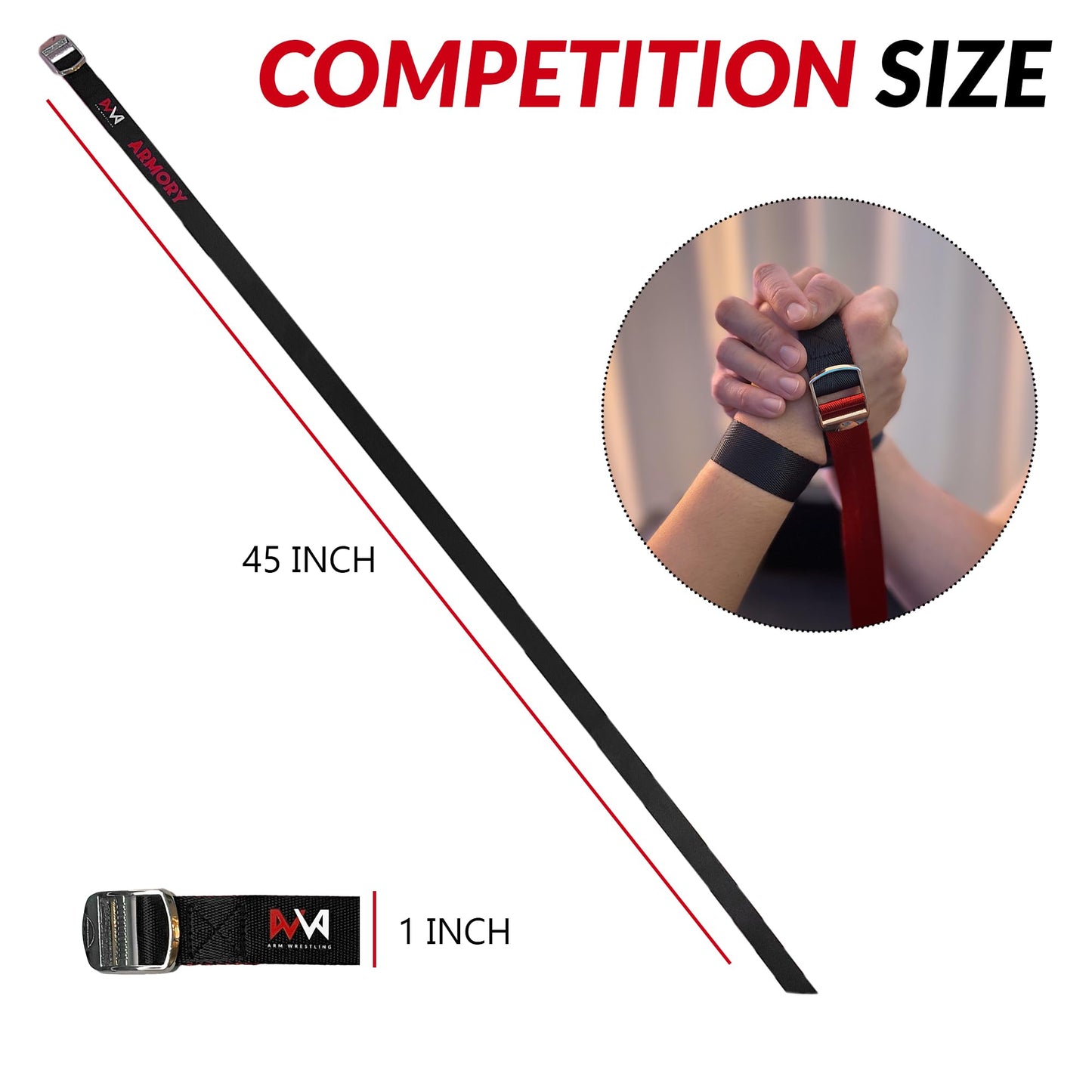 Arm Wrestling Strap Armory | Dual Color for Fair Setup | 45 Inch Long Metal Buckle | Smooth Rock Climbing Premium Grade Nylon | Pronation Supination Hand Forearm Grip Strengthener Belt | Black and Red (1 inch + 1.5 inch)