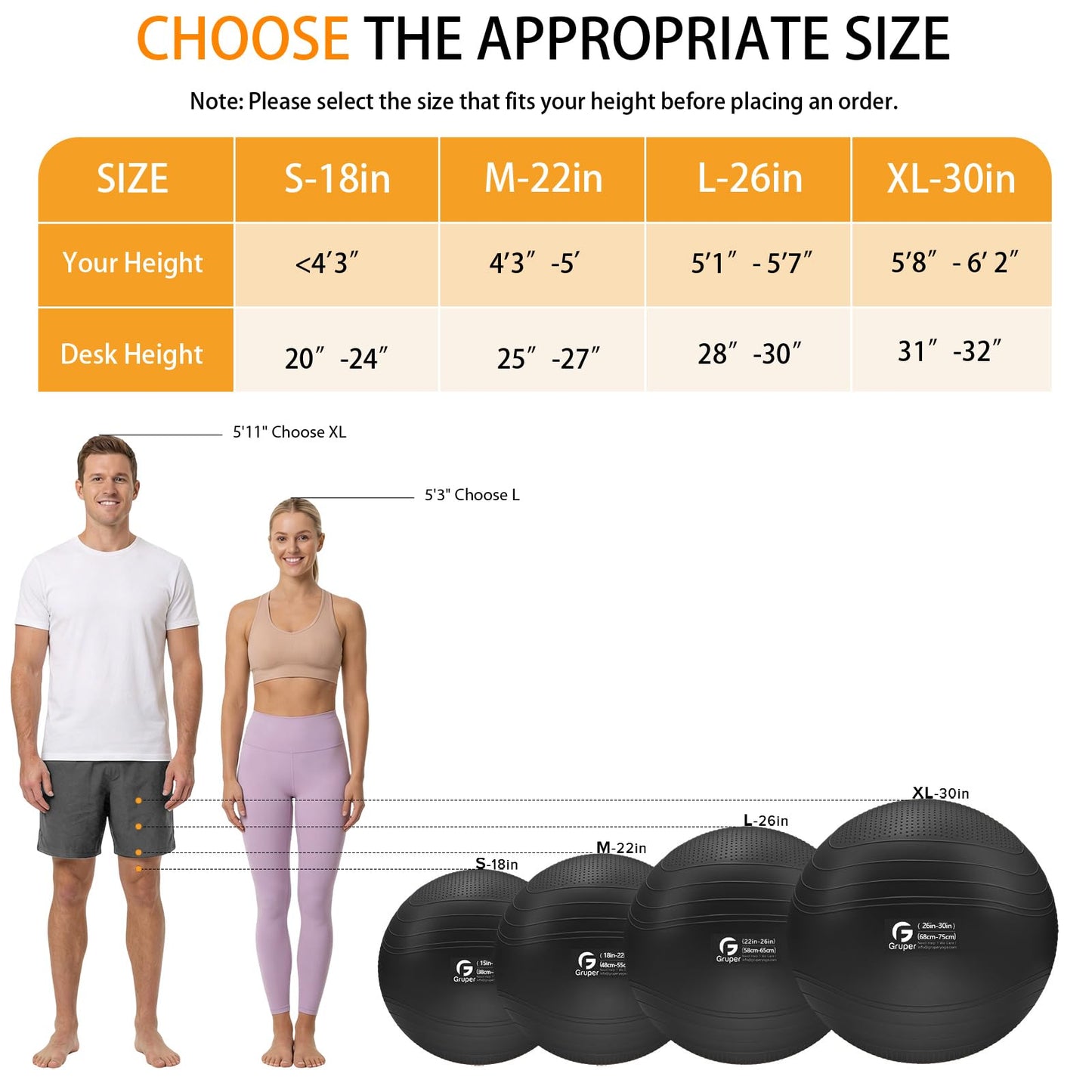 Gruper Yoga Ball, Extra Thick Non Slip Exercise Ball for Workout, Birthing, Balance, Stability, Pregnancy, 4 Sizes Anti Burst Chair for Home and Office, Includes Quick Pump & Fitness Guide