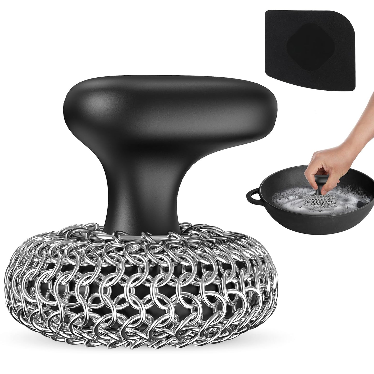 Purgreat Cast Iron Scrubber | Dish Scrub Brush | 316 Cleaner Chainmail Scrubber for Cast Iron Pan Skillet Cleaner - Dish Scouring Pad Dishwasher Safe Cleaning Kit, Black 02