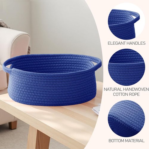 JMvicyroam Woven Storage Baskets - Small Rope Bins with Handles for Organizing Shelves | Navy Blue, 2 Pack