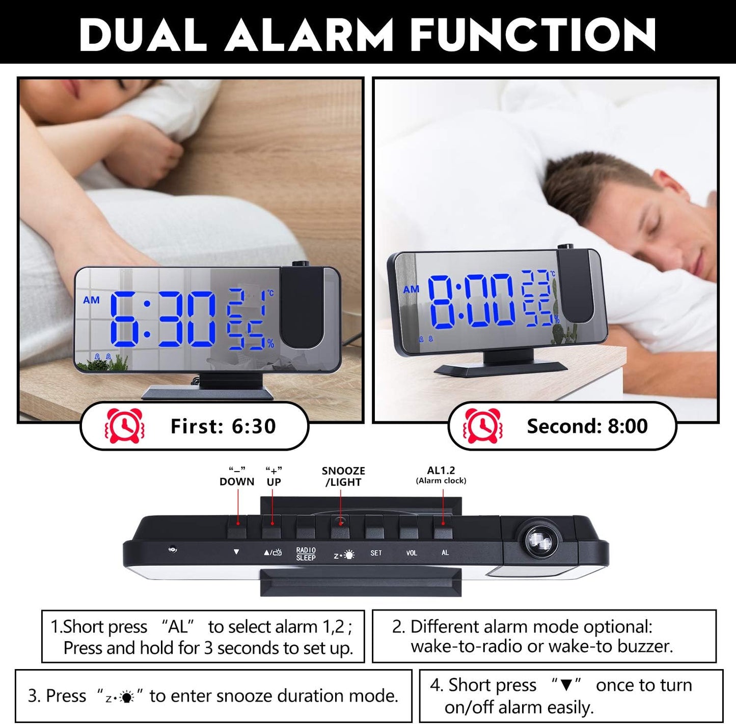 4 Dimmer 180 2 7.4'' ThreeH Projection Alarm Clock Radio Digital Alarm Clock & Rotable & Sounds Large Mirror Display