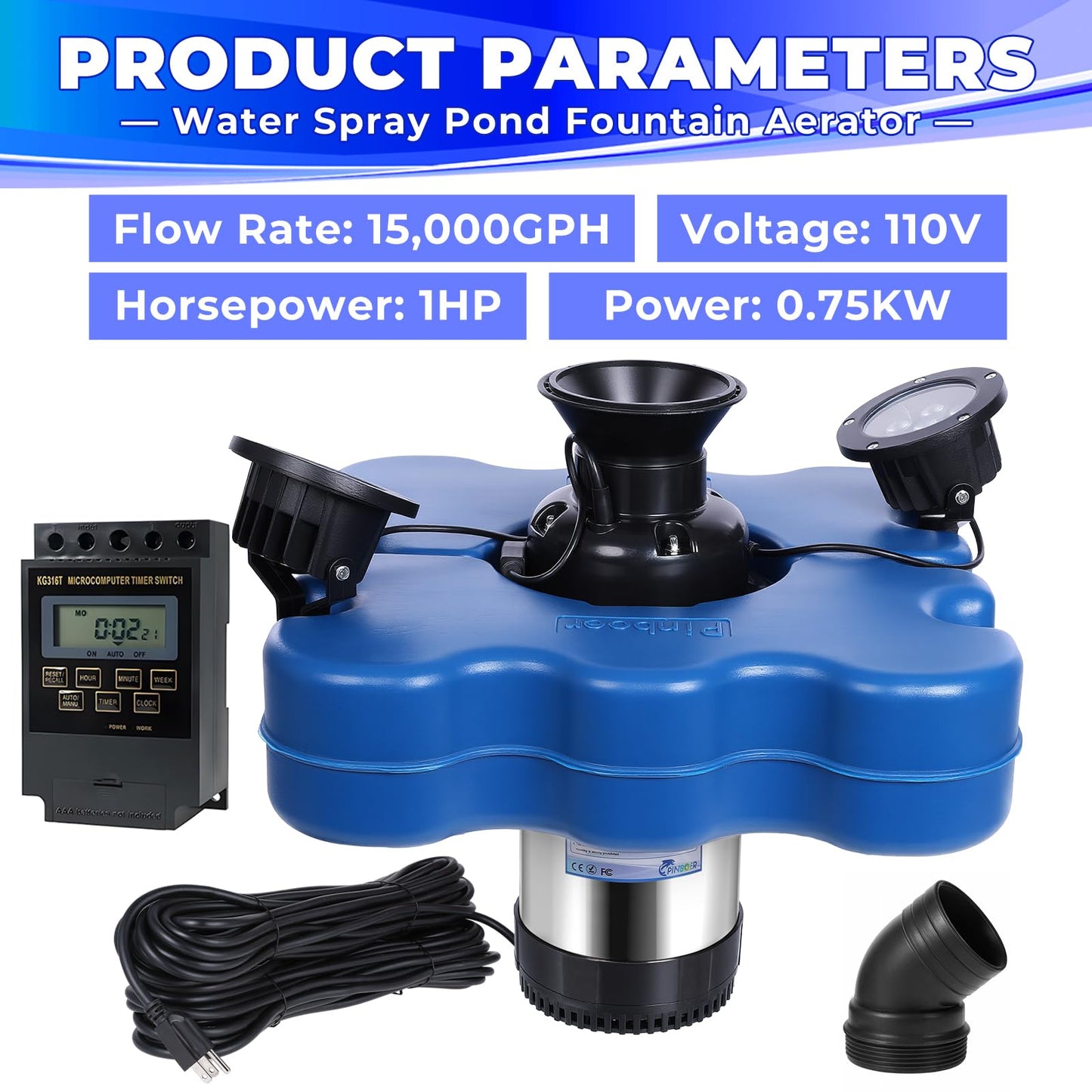 Pond Fountain Aerator with Led Lights RGB-15000 GPH,110V 1HP 750W Floating Fountain Aeration for Large Ponds,Aerating Fountain Pump for Outdoor Ponds & Lakes with 15A/100FT Power Cord