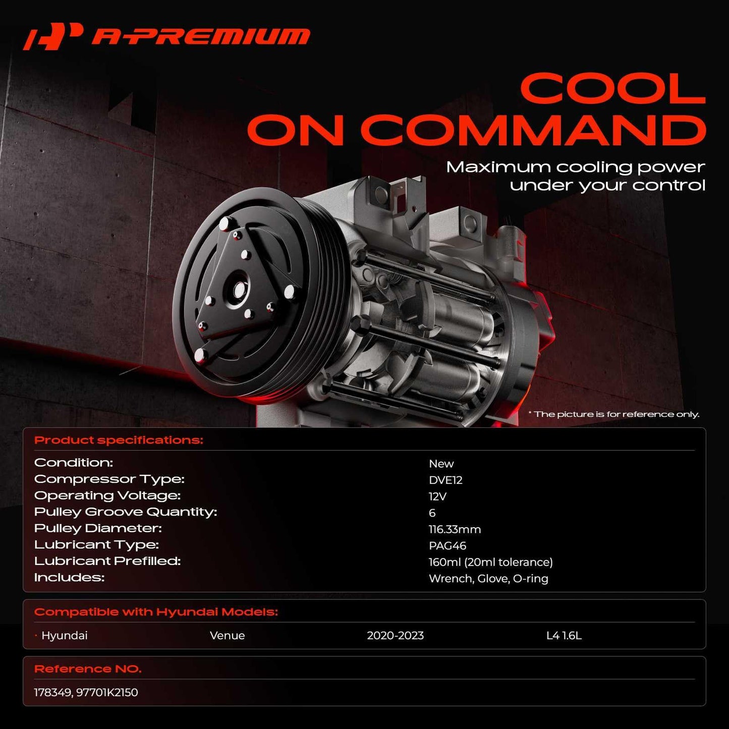 A-Premium Air Conditioner AC Compressor with Clutch Compatible with Hyundai Venue 2020 2021 2022 2023, 1.6L, With DVE12 Compressor, with 6-Groove Pulley