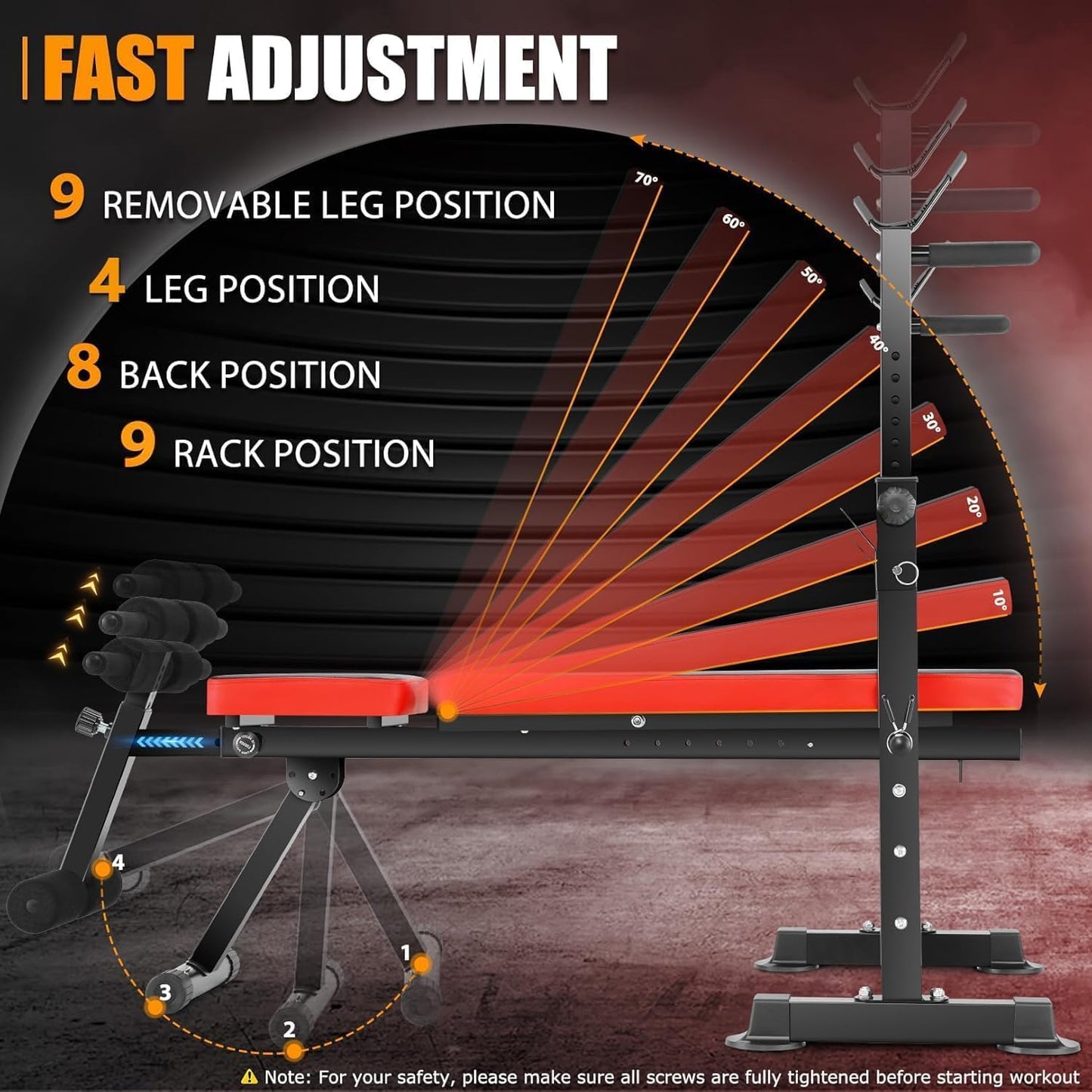 OPPSDECOR Adjustable Weight Bench Set With Removable Rowing Leg Catch, 600LBS Foldable Bench Press Set with Squat Rack Flat Incline Sit Up Workout Bench for Home Gym Strength Training (Scarlet)