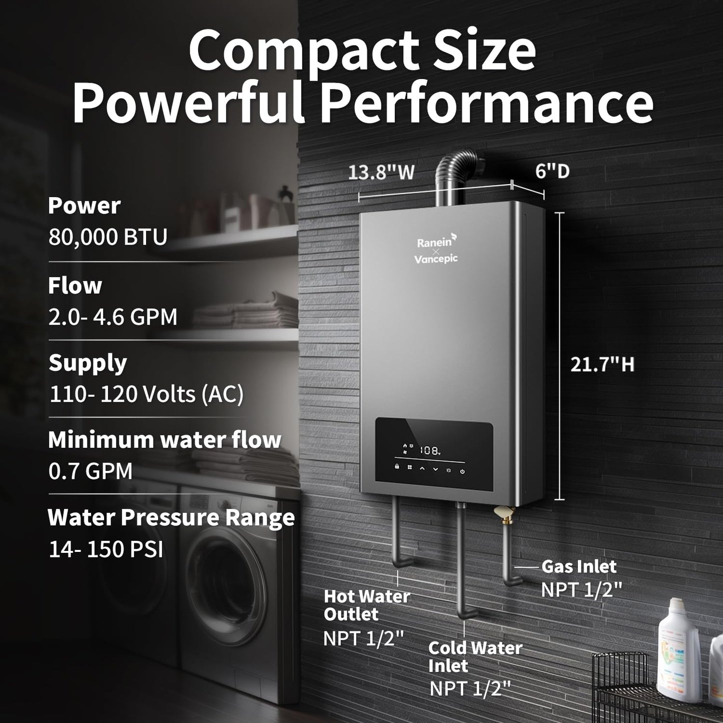 Ranein × Vancepic Tankless Water Heater Propane, Max 3.6 GPM 80000 BTU Indoor On Demand Instant Hot Water Heater with Smart Temperature Control