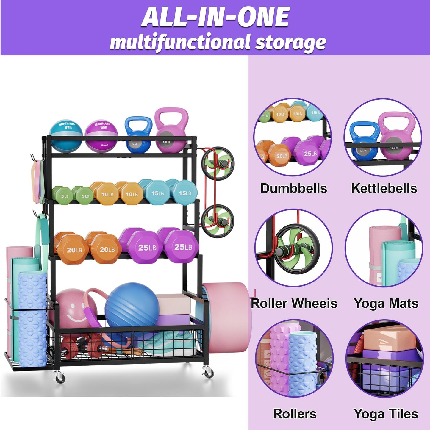 Dumbbell Rack,Home Gym Storage Rack,Total Weight Capacity 490 lbs,Weight Rack with Wheels/Strength Training Equipment Storage Rack with Hooks,Stores Dumbbells,Kettlebells,Yoga Mats