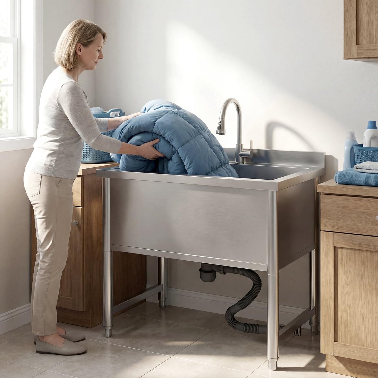 Stainless Steel Commercial Restaurant Sink, Freestanding Large Commercial Sink with Pull-out Faucet for Kitchen Dishwashing, Thawing, Pet Cleaning, Laundry Room, 35 Gallon, 23.6"D x 33.5"W x 36.8"H