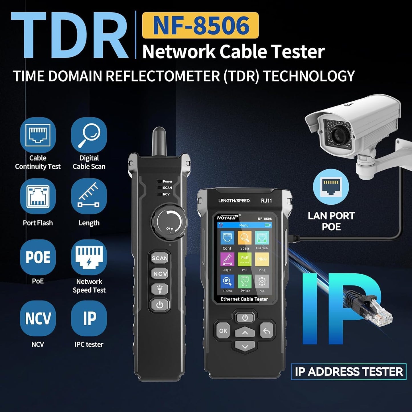 NOYAFA NF-8506 Network Cable Tester with RJ45 Crimp Tool, CAT5 CAT6 Network Tester, IP Scan, PoE Ping Test, Network Rate Test, Port Flashing, RJ45 RJ11 Ethernet Cable Tester with Crimper Stripper
