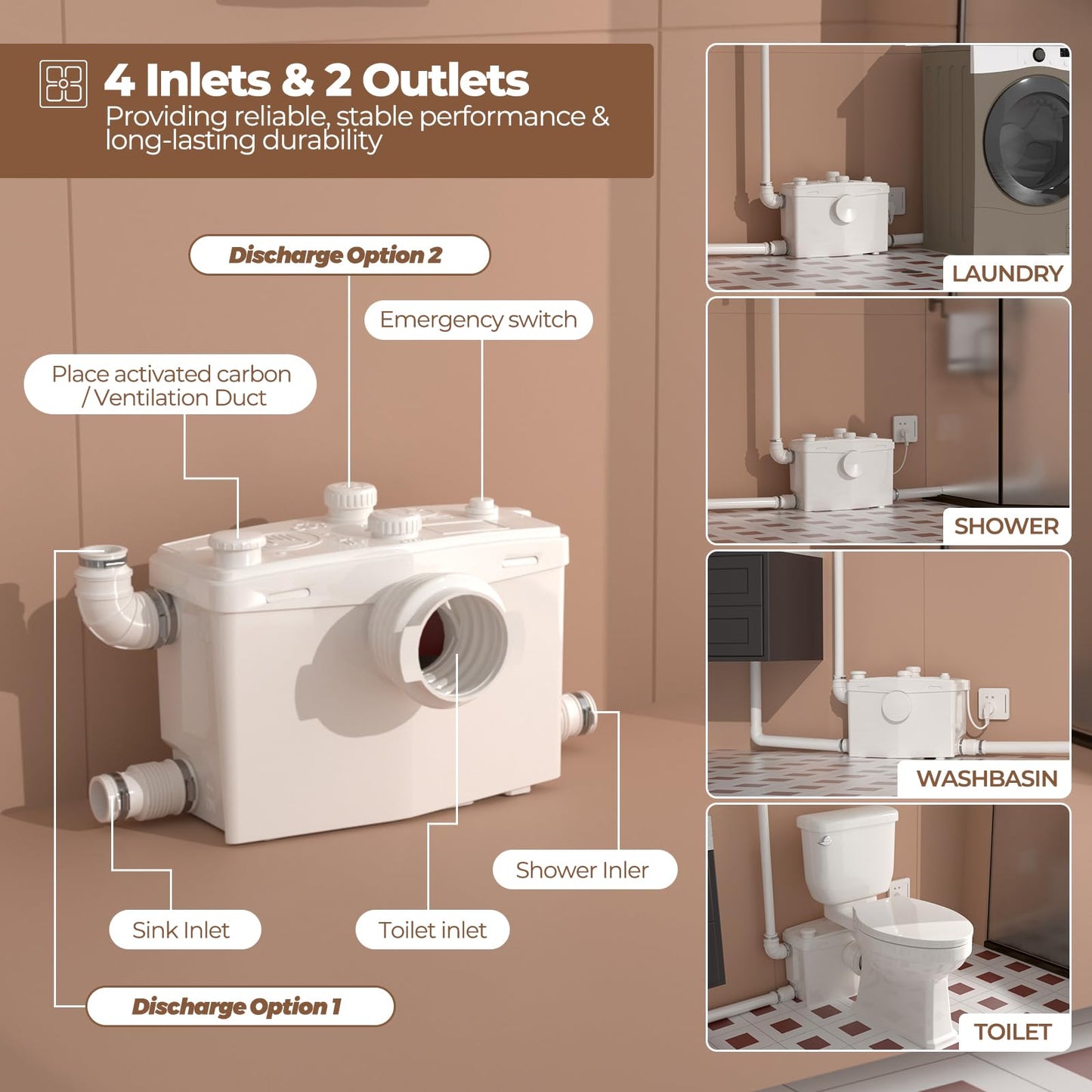 800W Macerating Toilet System, HIGH POWER Upflush Toilet with Grinder Pump for Basement, 4 Inlets for Kitchen/Laundry/Shower/Sink, 36ft Head Lift, Elongated Tall Toilet, Extension Pipes for Hiden Pump