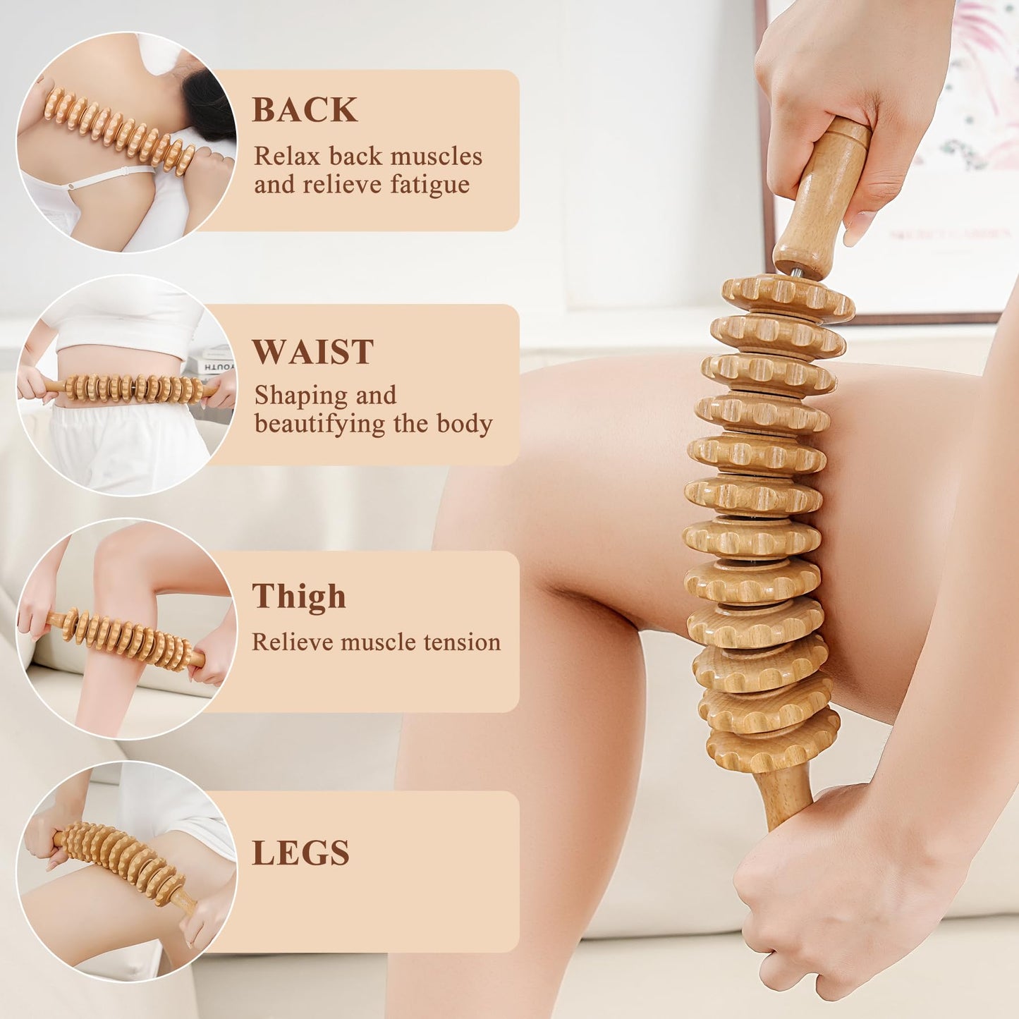 Xokocli Cellulite Massage Tool Deep Tissue Massage Stick Wood Therapy Massage Tools Fascia Blaster Lymphatic Drainage Massager for Legs Thighs Muscle Relief Recovery(White 12-Wheel)