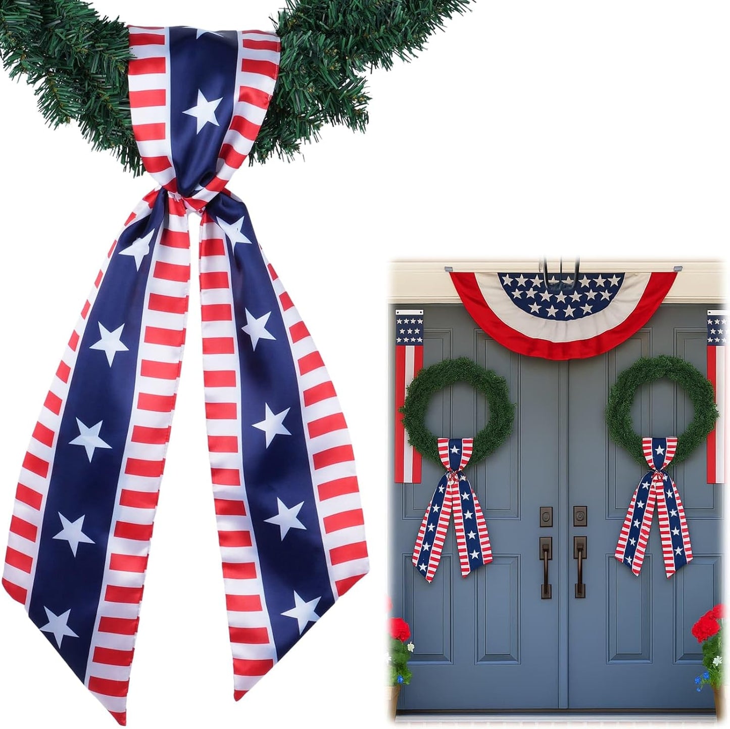 YKW Patriotic Wreath Sash - Premium Cotton Linen, 2 Pack, 5" W x 56" L, Red White Blue Stars & Stripes Decor