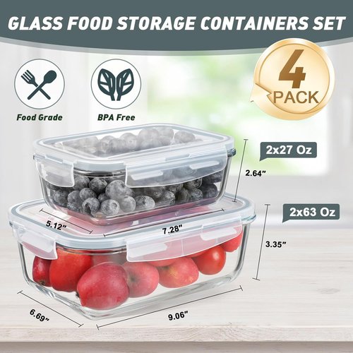 KOMUEE Large Glass Food Storage Containers Set - 4 Pack, Airtight, BPA-Free, Oven & Microwave Safe
