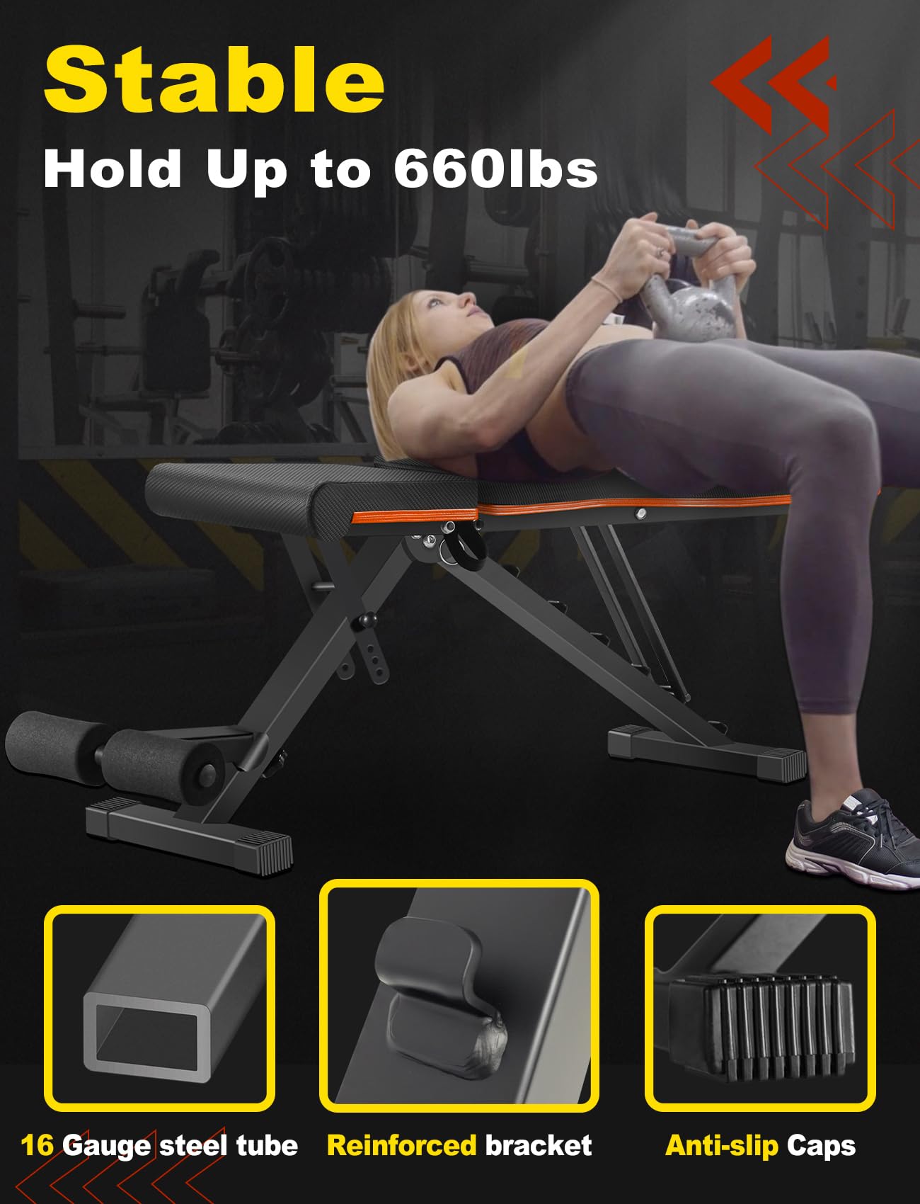 LINODI Adjustable Weight Bench for Home Gym，Foldable Incline Decline Flat Workout Bench for Full Body Strength Training, Dumbbell Press & Ab Exercises