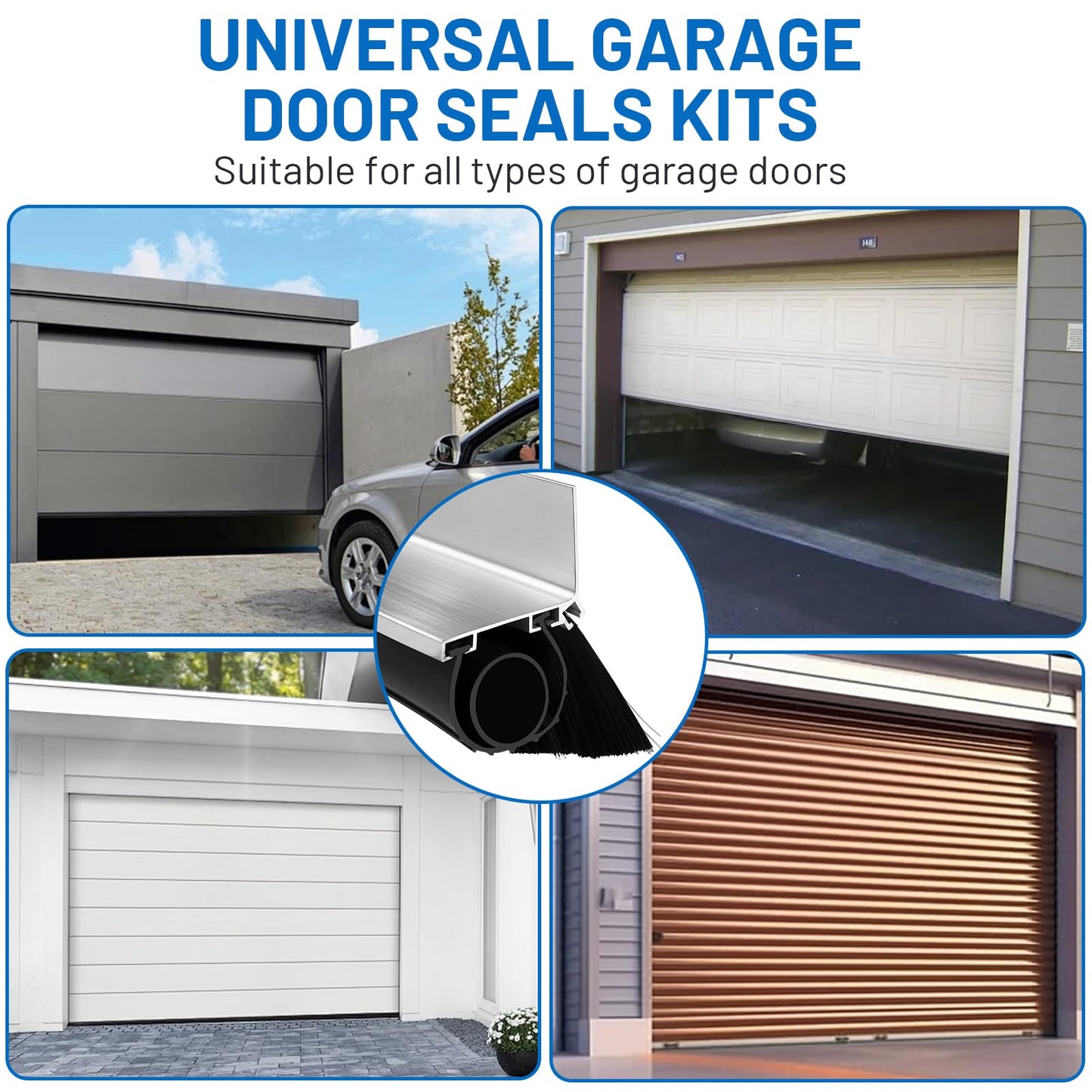 16.5FT Universal Garage Door Seals Kits，Weatherproofing Garage Door Brush Seal, U + O Heavy Duty Garage Door Seal Bottom,Aluminum Track Retainer Base and Brush Kit, Suitable for Steel、Wooden Doors