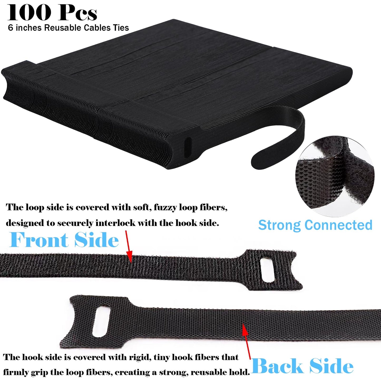 NIOPELO 100PCS Hook and Loop Straps - 6 Inch Reusable Cable Ties for Cable Management, Adjustable Cord Organizer Hook & Loop Straps for Home, Office and Data Centers, Black