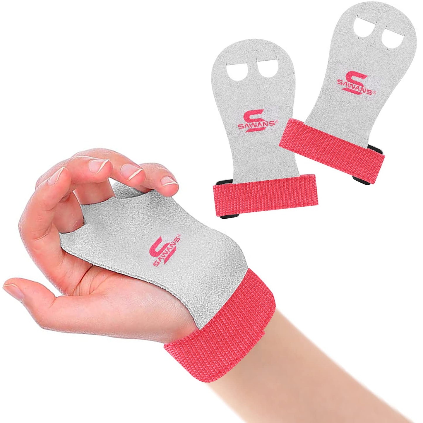 SAWANS Leather Palm Hand Grips Gymnastic Pull-up Training Palm Protector for Kids Children Wrist Straps Workout Strong Support Heavy Duty Junior Palm Protection Equipment Fitness (Pink White, M)