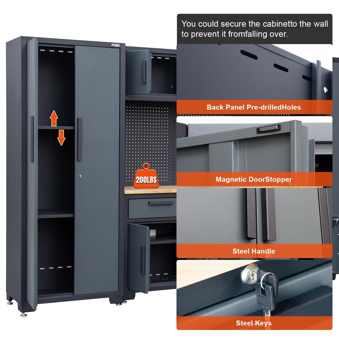 HPDMC Garage Storage Cabinet System 9-Pcs Workshop Set Garage Cabinets and Storage System with Steel Drawers, Rolling Chest, Workbench, Pegboard for Tool Organization