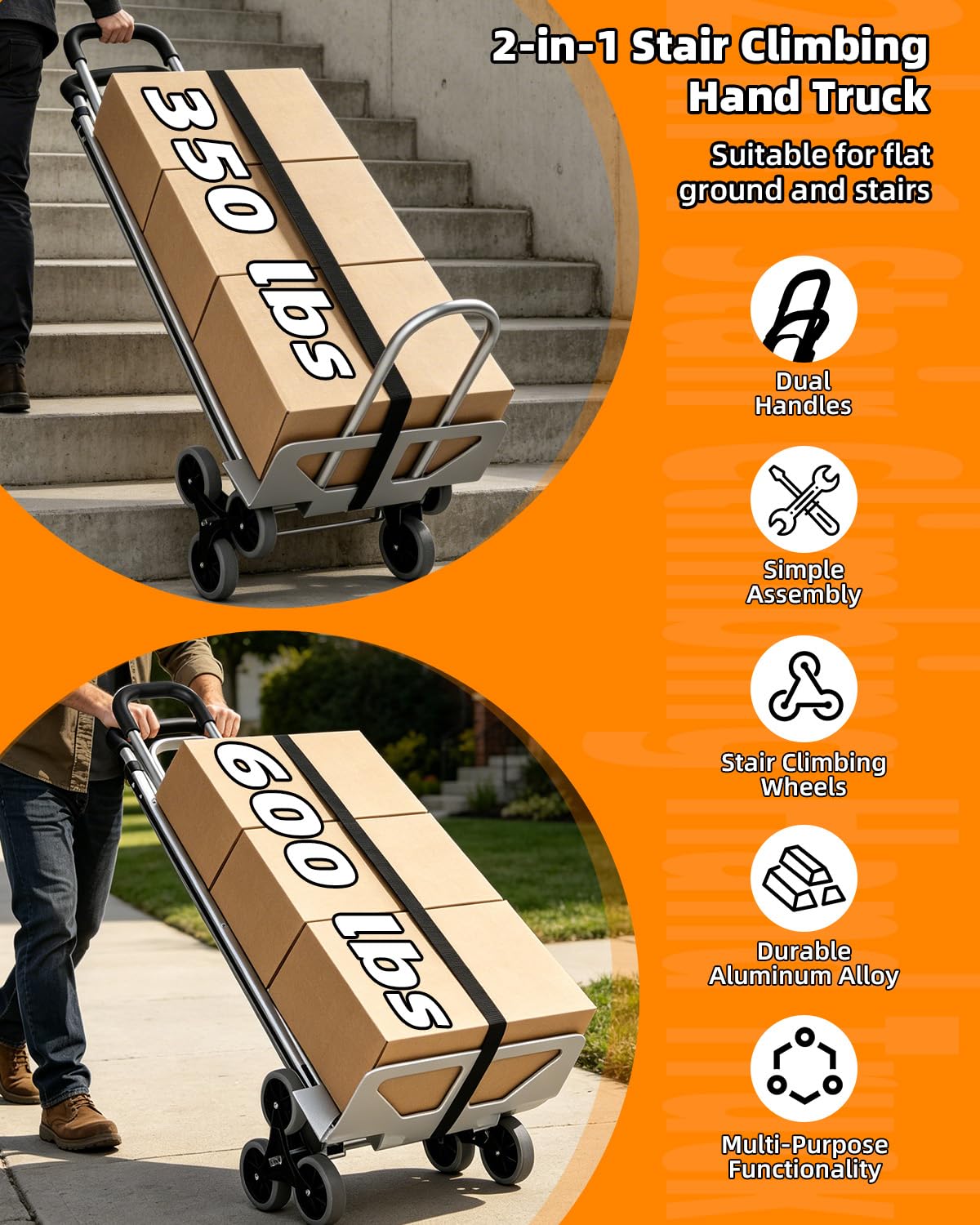 Aluminum 2 in 1 Hand Truck Dolly Cart with 6 Wheels, 600 Lbs Capacity, Heavy Duty Stair Climbing Dolly with Dual Handles, Bungee Cord & Strap for Flat Ground & Stairs, Warehouse, Home, Office, Silver