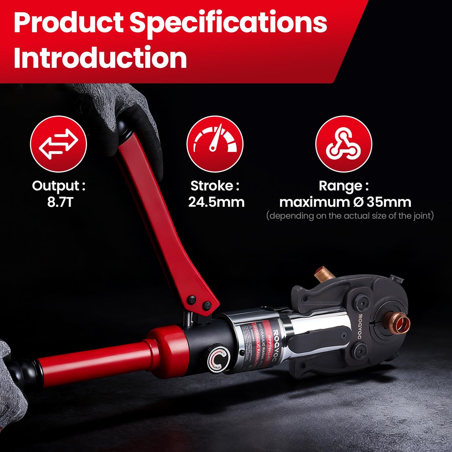 ROGVOC Hydraulic ProPress Tool, Copper Pipe Crimping Tool with 1/2, 3/4, 1 Inch Jaws, Compact Hydraulic Press Tool for Copper Tube Fittings, Ideal for Tight Spaces and Most Copper Press Systems