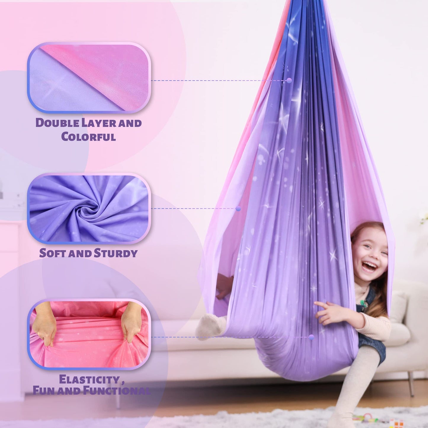 Sensory Swing, Indoor & Outdoor Sensory Swing for Kids & Adults, Double Layer Therapy Cuddle Swing for Kid with Autism, Holds up to 300lbs, Pink