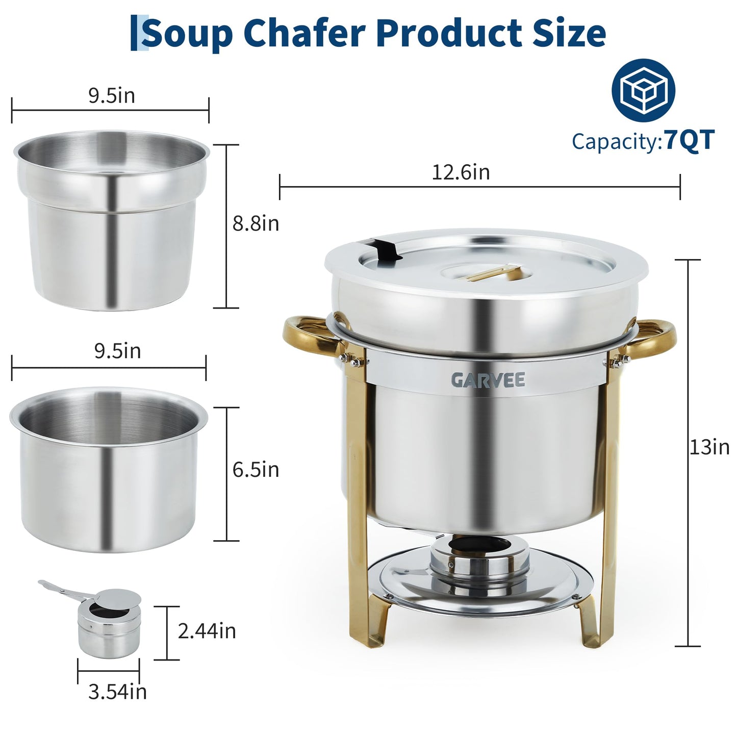 GarveeHome 7QT Round Soup Chafer Sets of 4, Commercial Soup Warmer with Pot, Notched Lids & Fuel Holders, Stainless Steel Food Warmer for Buffets Parties Wedding Banquets Catering, Gold