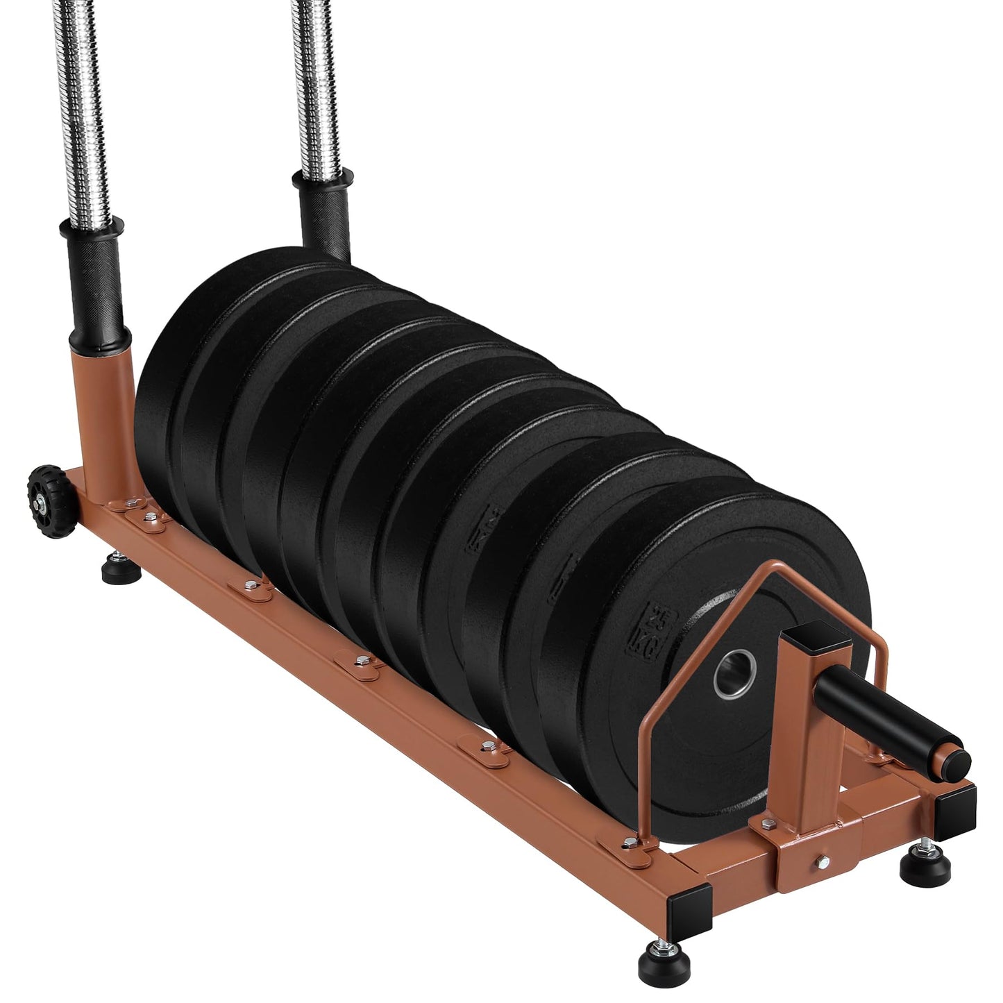 Olympic Barbell Plate Organizer with Steel Frame for home or gym,Horizontal Plate with Handle and Wheels, 300LBS Capacity, Brown