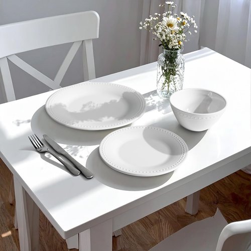 BEESEN Basic White Beaded Melamine Plastic Dinnerware Sets,12 Pieces Dishes Set, Lightweight Unbreakable, BPA Free, Plates and Bowls Set, Perfect for Indoor Outdoor Weddings & Everyday Meals