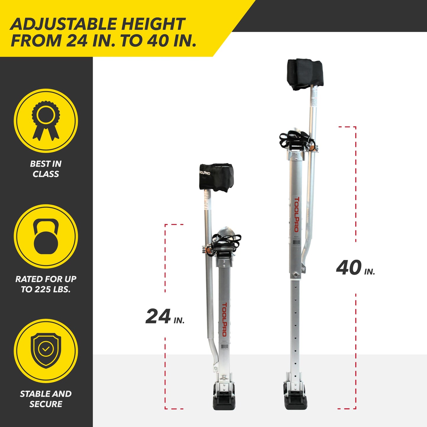 ToolPro Professional Grade Adjustable Drywall Stilts - for Drywall Installation, Painting, and More. Soft Strap Bands to Reduce Soreness and Smoother use (24-40 in., Aluminum)