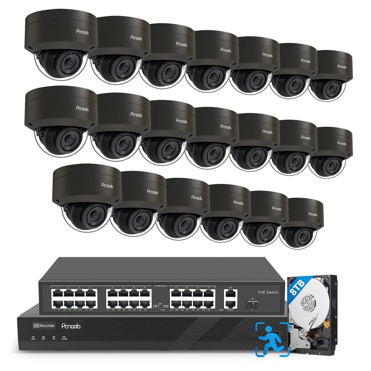 PANOOB 32 Channel Security Camera System, 20x 5MP Wired IK10 Vandal-Proof Dome IP PoE Cameras Outdoor with Smart AI Human Detection, Built-in Mic, Remote Access, 4K 32CH NVR 8TB HDD, PD54B2032-5M